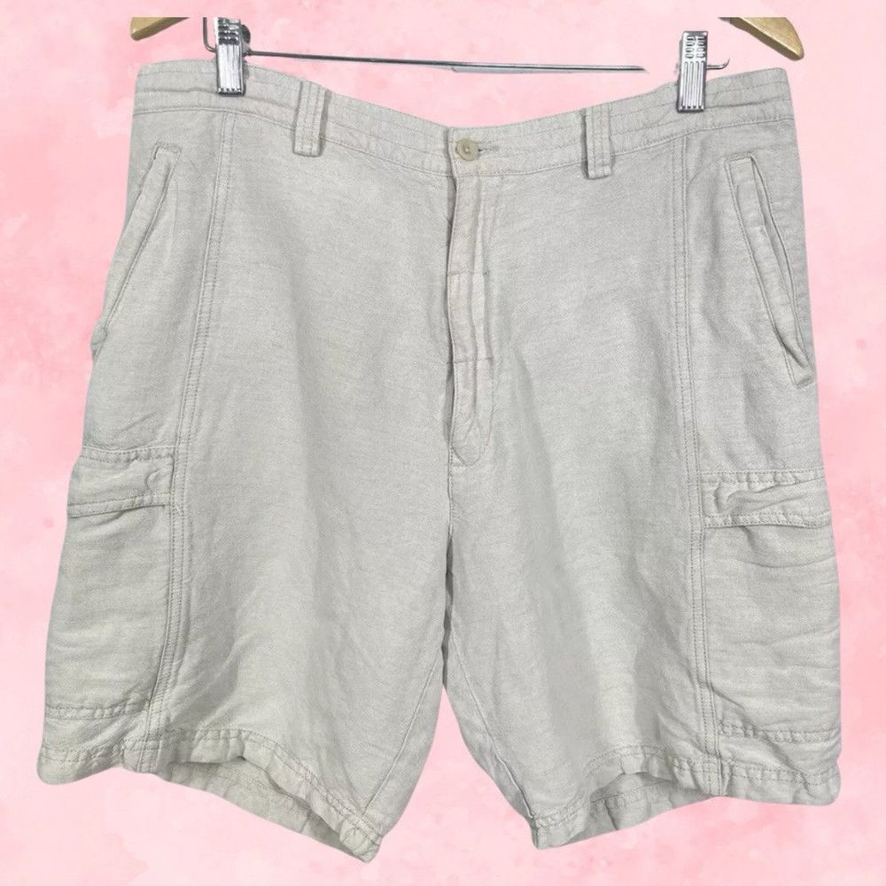 Cubavera Cargo Shorts Men 36x10 Ivory Linen Blend Pocket Flat Front Resort Beach